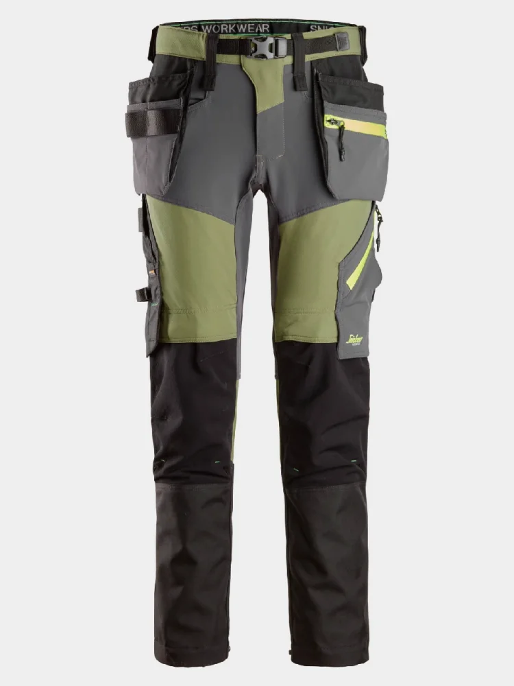 Softshellové strečové montérky Snickers FlexiWork 6940, khaki