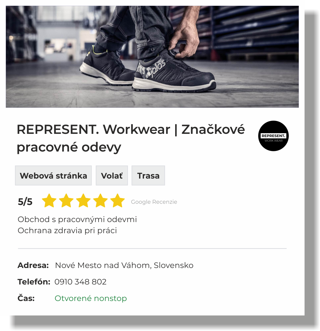 REPRESENT. Workwear na Google Mapách